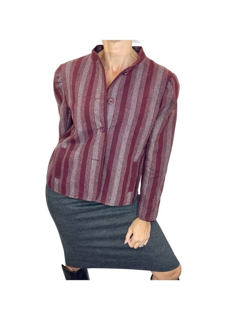 Vtg Made in England grey burgundy tweed herringbone striped cropped jacket 16